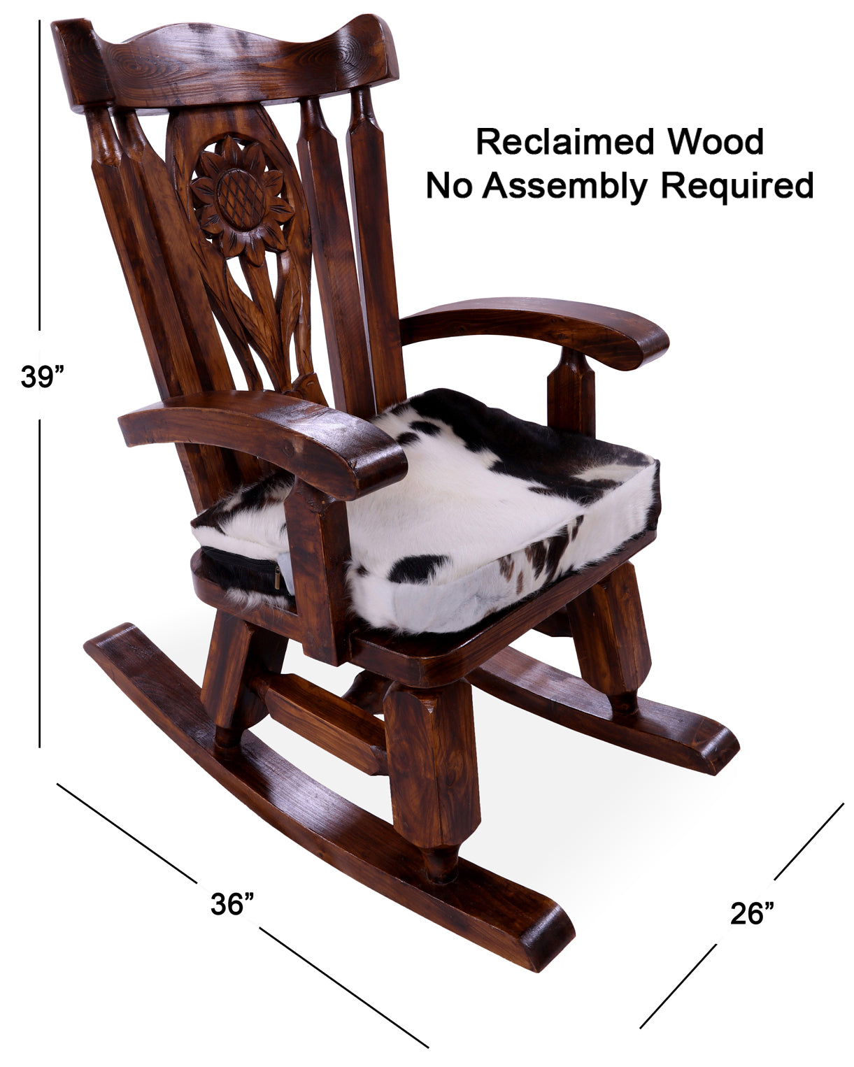 Wooden Rocking Chair Handcarved Back Sunflower Removable Hair-On Cowhide Pillow - Golden Nile