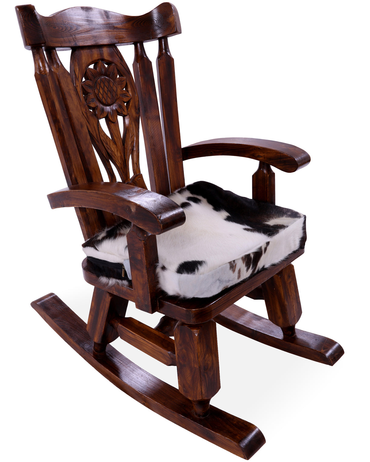 Wooden Rocking Chair Handcarved Back Sunflower Removable Hair-On Cowhide Pillow - Golden Nile