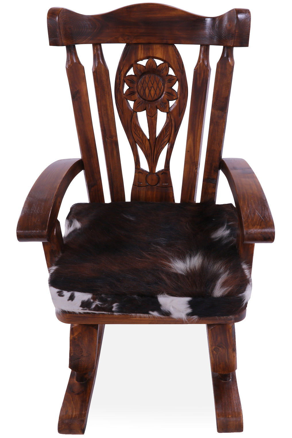 Wooden Rocking Chair Handcarved Back Sunflower Removable Hair-On Cowhide Pillow - Golden Nile