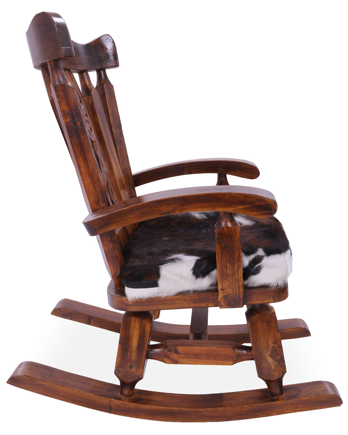 Wooden Rocking Chair Handcarved Back Sunflower Removable Hair-On Cowhide Pillow - Golden Nile