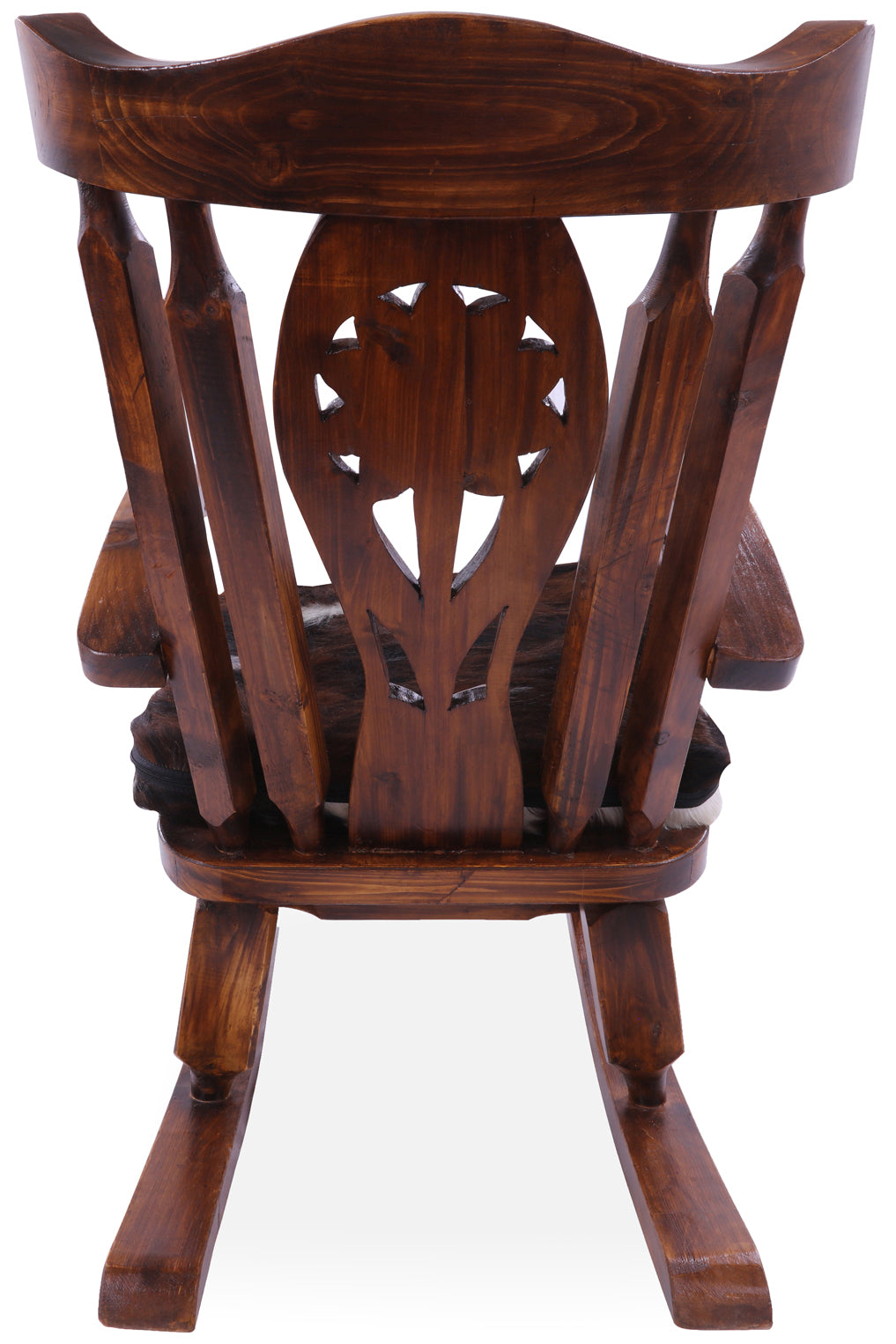 Wooden Rocking Chair Handcarved Back Sunflower Removable Hair-On Cowhide Pillow - Golden Nile