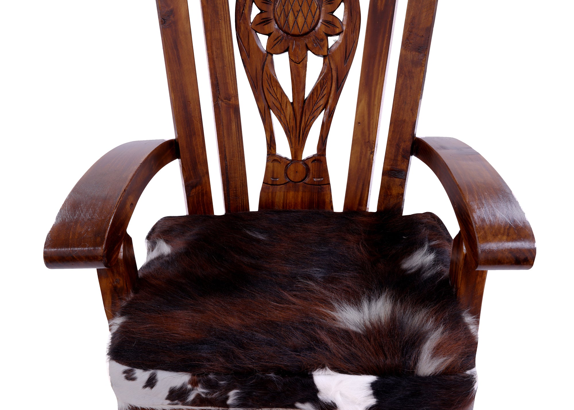 Wooden Rocking Chair Handcarved Back Sunflower Removable Hair-On Cowhide Pillow - Golden Nile
