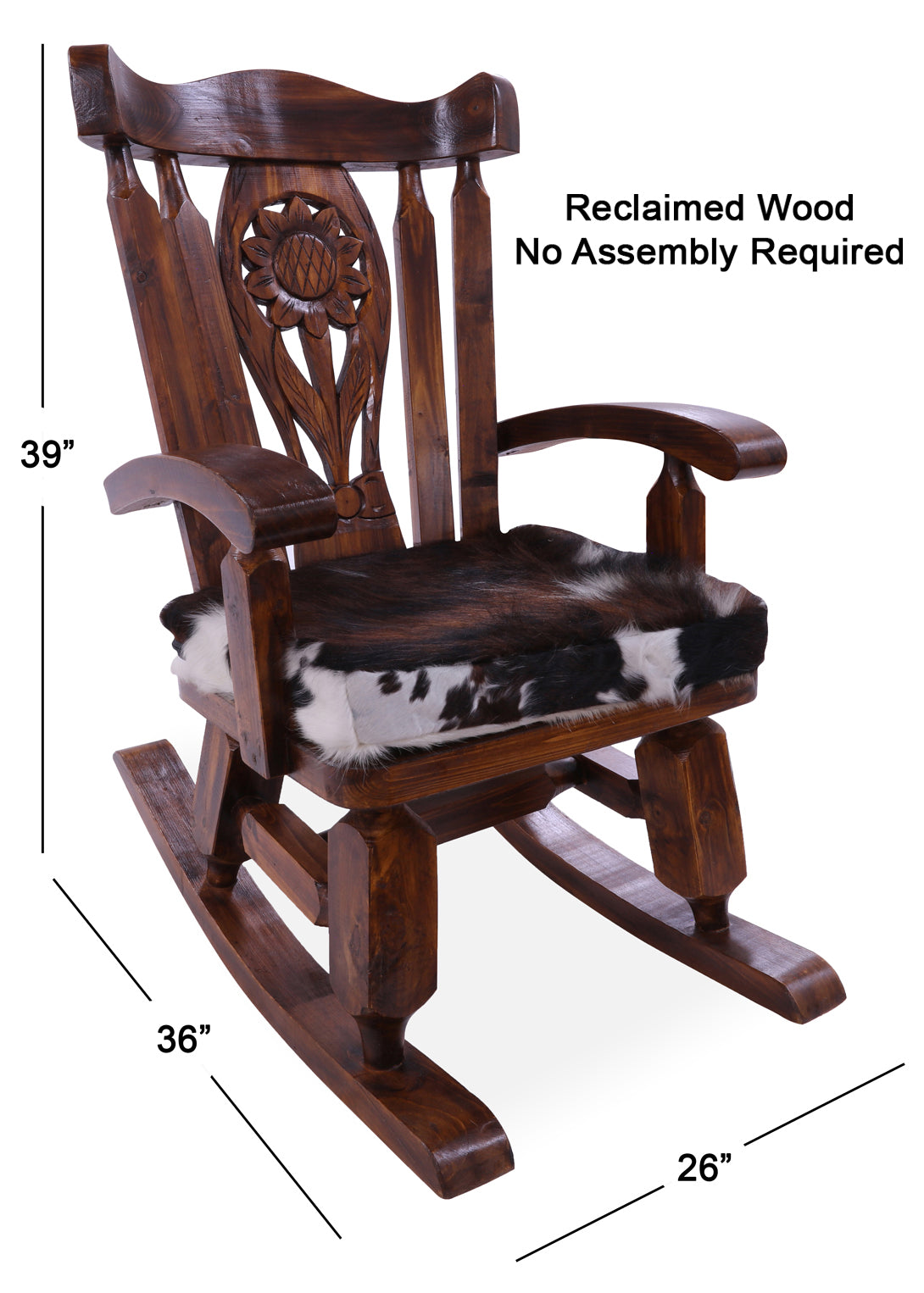 Wooden Rocking Chair Handcarved Back Sunflower Removable Hair-On Cowhide Pillow - Golden Nile
