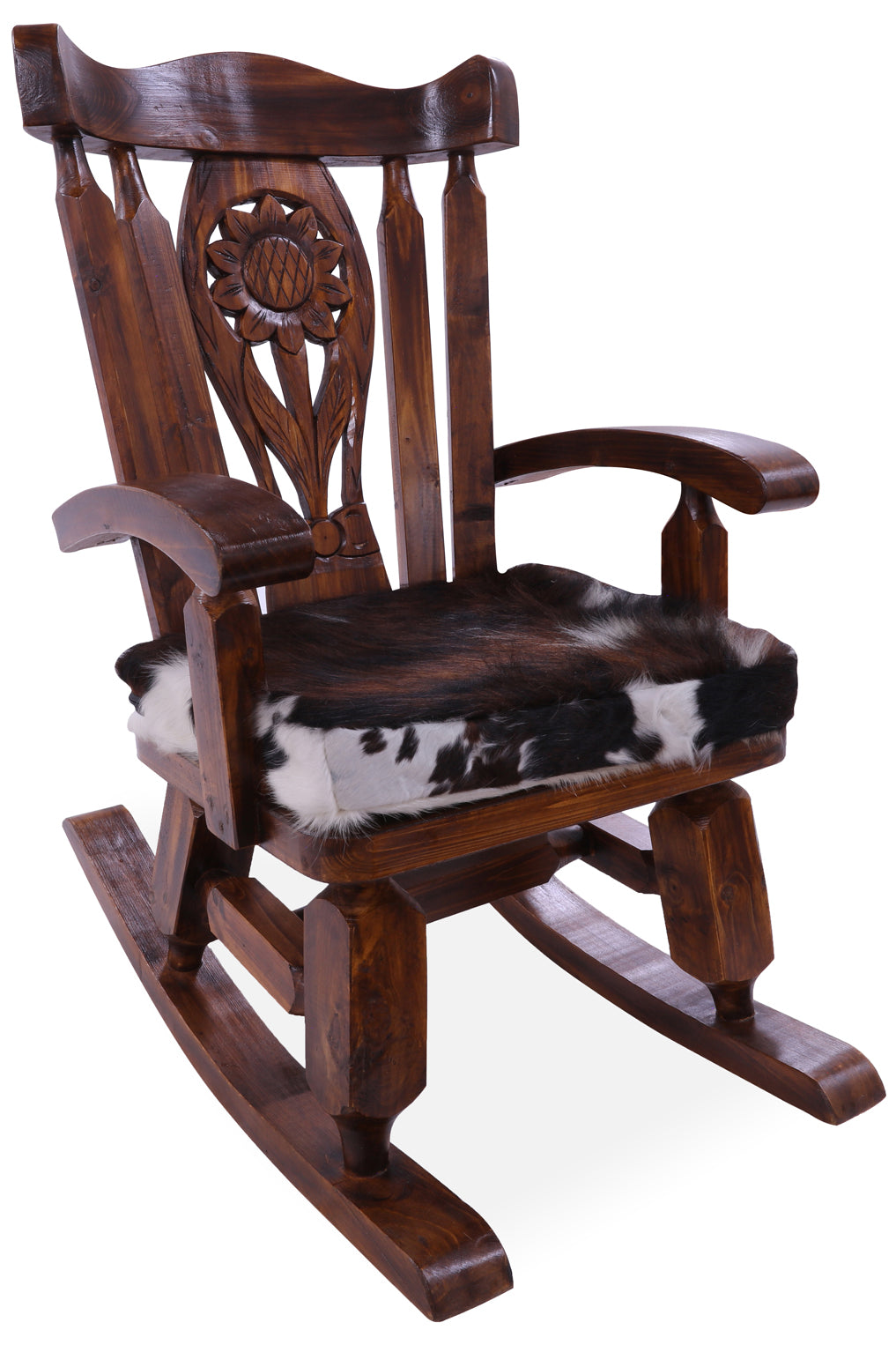 Wooden Rocking Chair Handcarved Back Sunflower Removable Hair-On Cowhide Pillow - Golden Nile