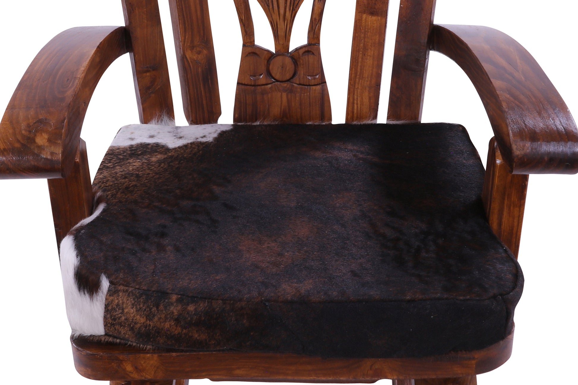 Wooden Rocking Chair Handcarved Back Sunflower Removable Hair-On Cowhide Pillow - Golden Nile