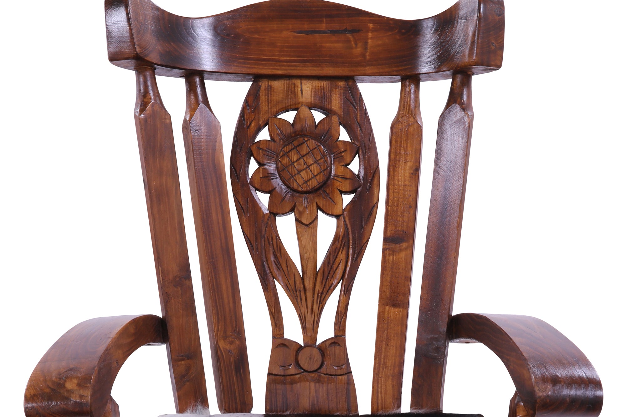 Wooden Rocking Chair Handcarved Back Sunflower Removable Hair-On Cowhide Pillow - Golden Nile