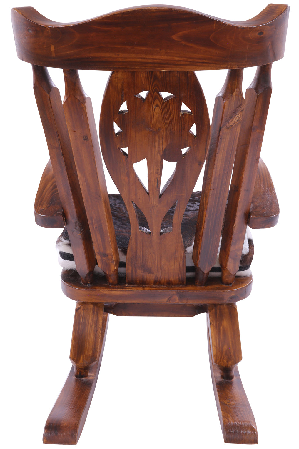 Wooden Rocking Chair Handcarved Back Sunflower Removable Hair-On Cowhide Pillow - Golden Nile