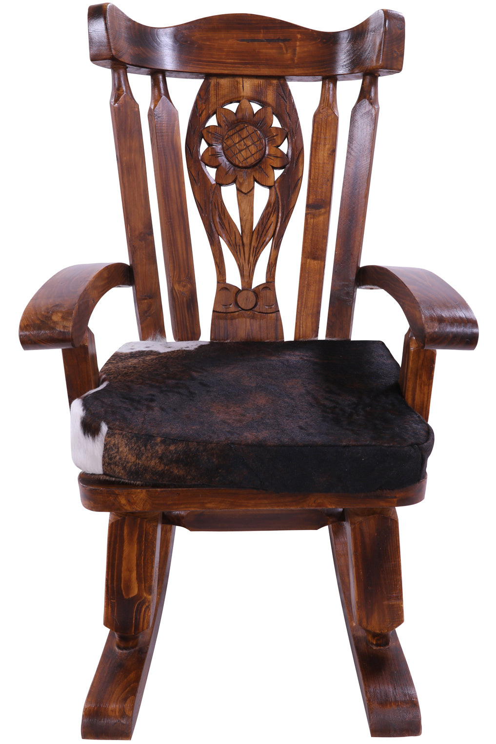 Wooden Rocking Chair Handcarved Back Sunflower Removable Hair-On Cowhide Pillow - Golden Nile