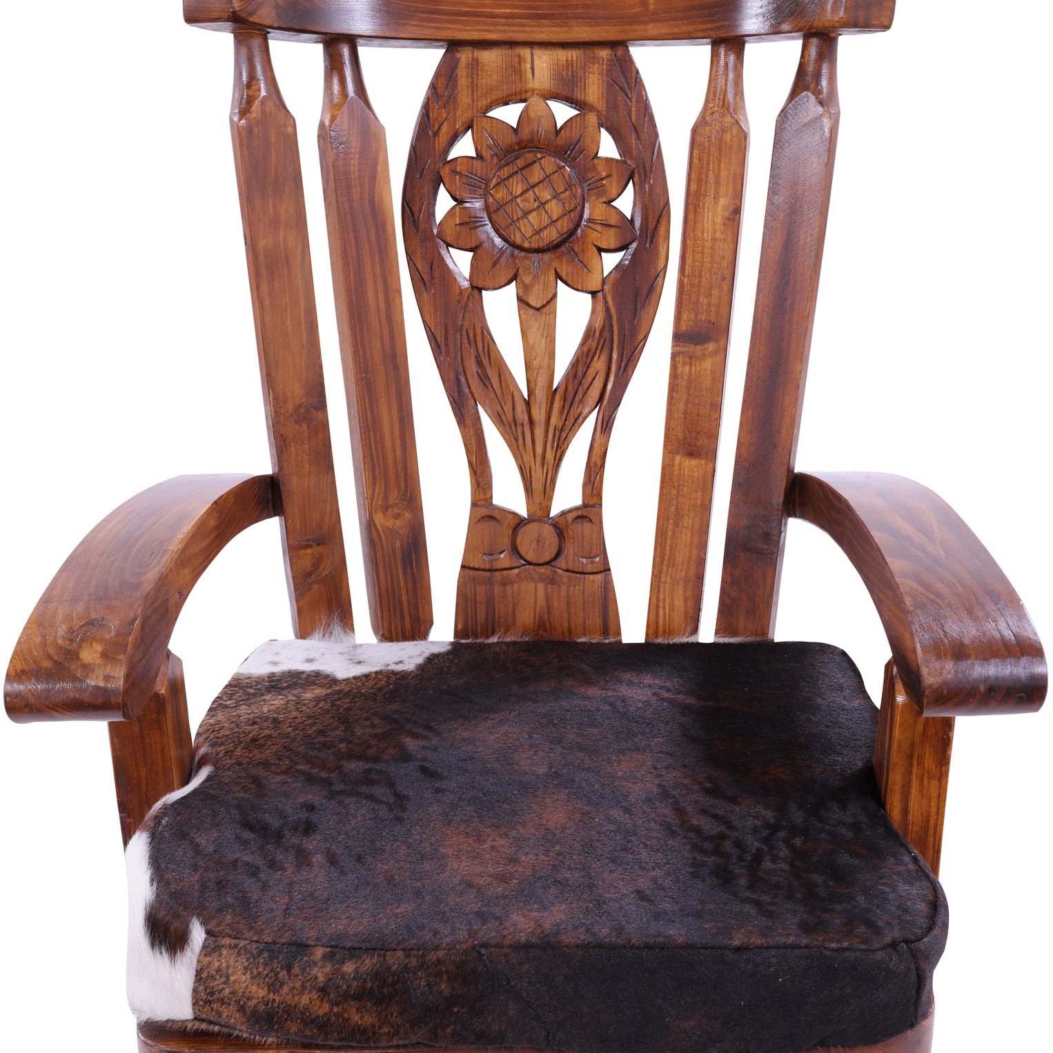 Wooden Rocking Chair Handcarved Back Sunflower Removable Hair-On Cowhide Pillow - Golden Nile