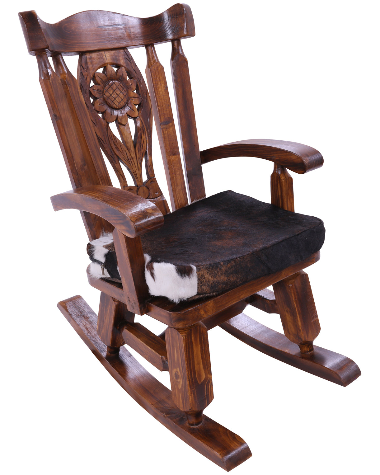 Wooden Rocking Chair Handcarved Back Sunflower Removable Hair-On Cowhide Pillow - Golden Nile