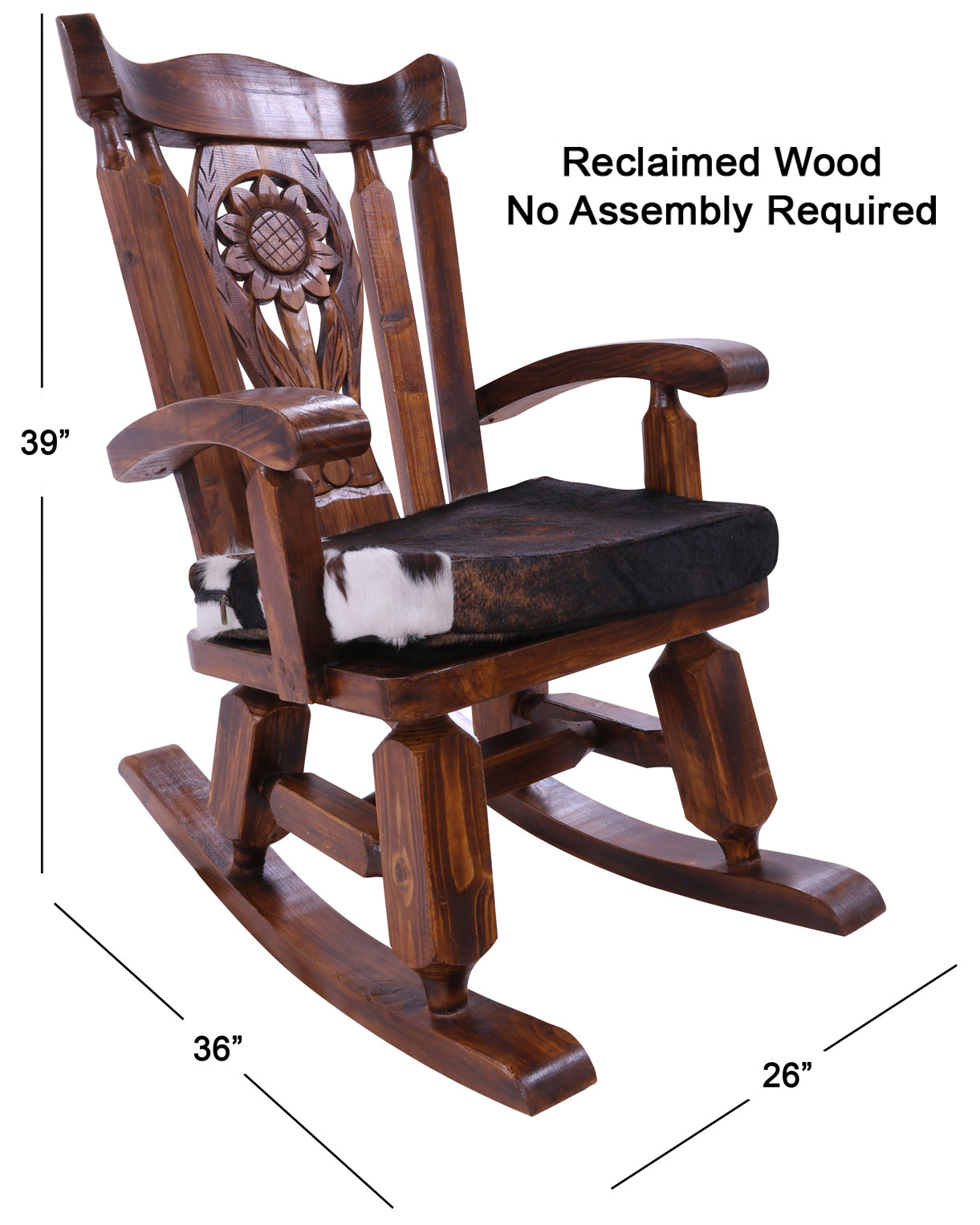 Wooden Rocking Chair Handcarved Back Sunflower Removable Hair-On Cowhide Pillow - Golden Nile
