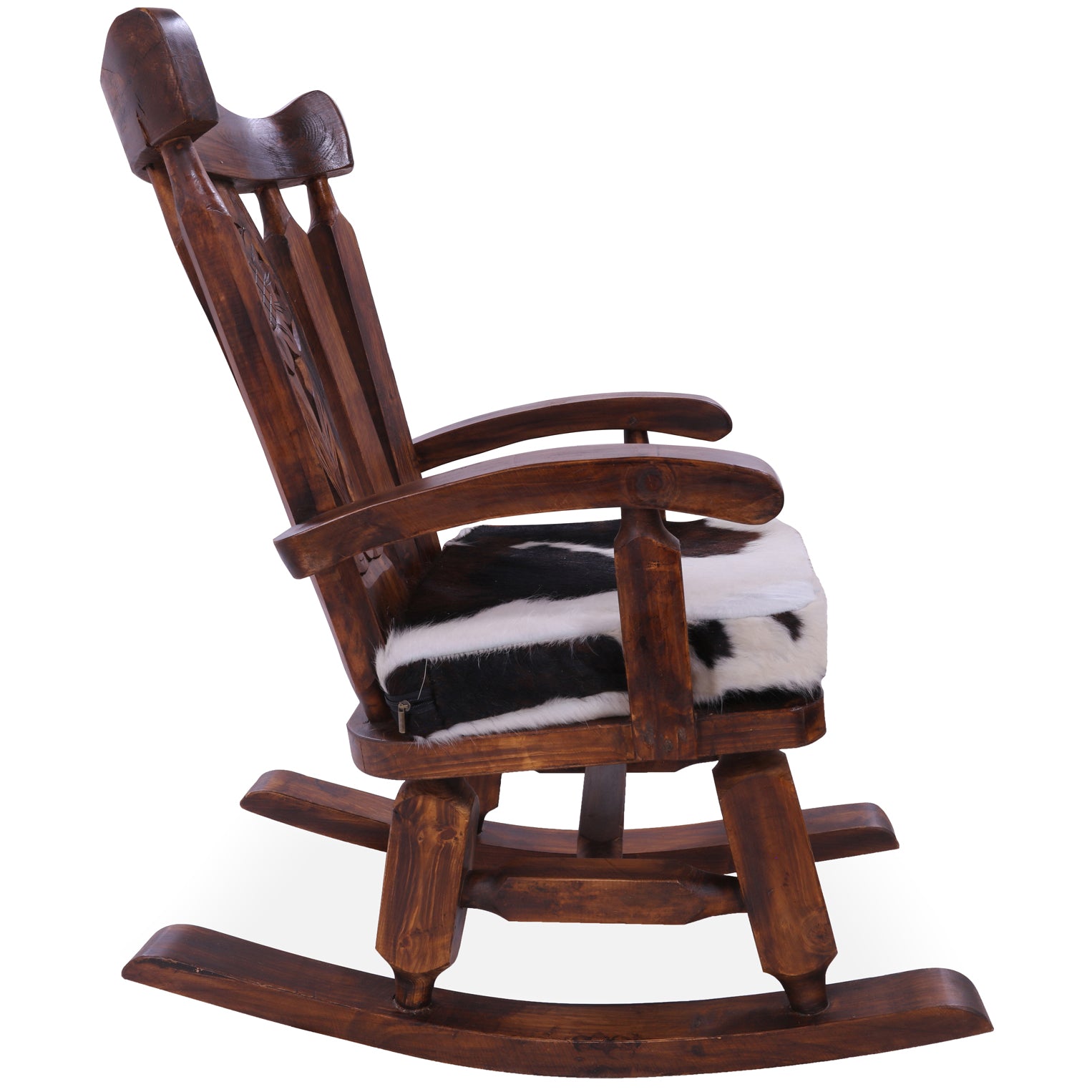 Wooden Rocking Chair Handcarved Back Sunflower Removable Hair-On Cowhide Pillow - Golden Nile