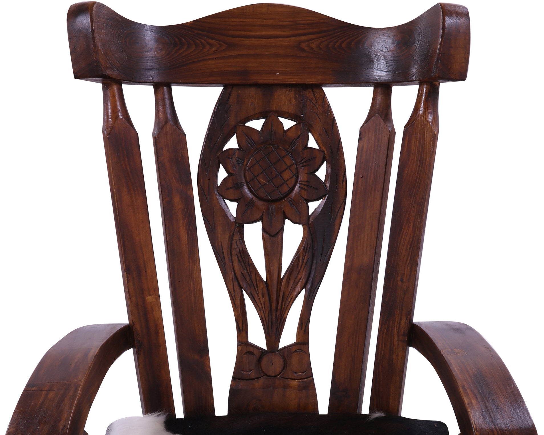 Wooden Rocking Chair Handcarved Back Sunflower Removable Hair-On Cowhide Pillow - Golden Nile