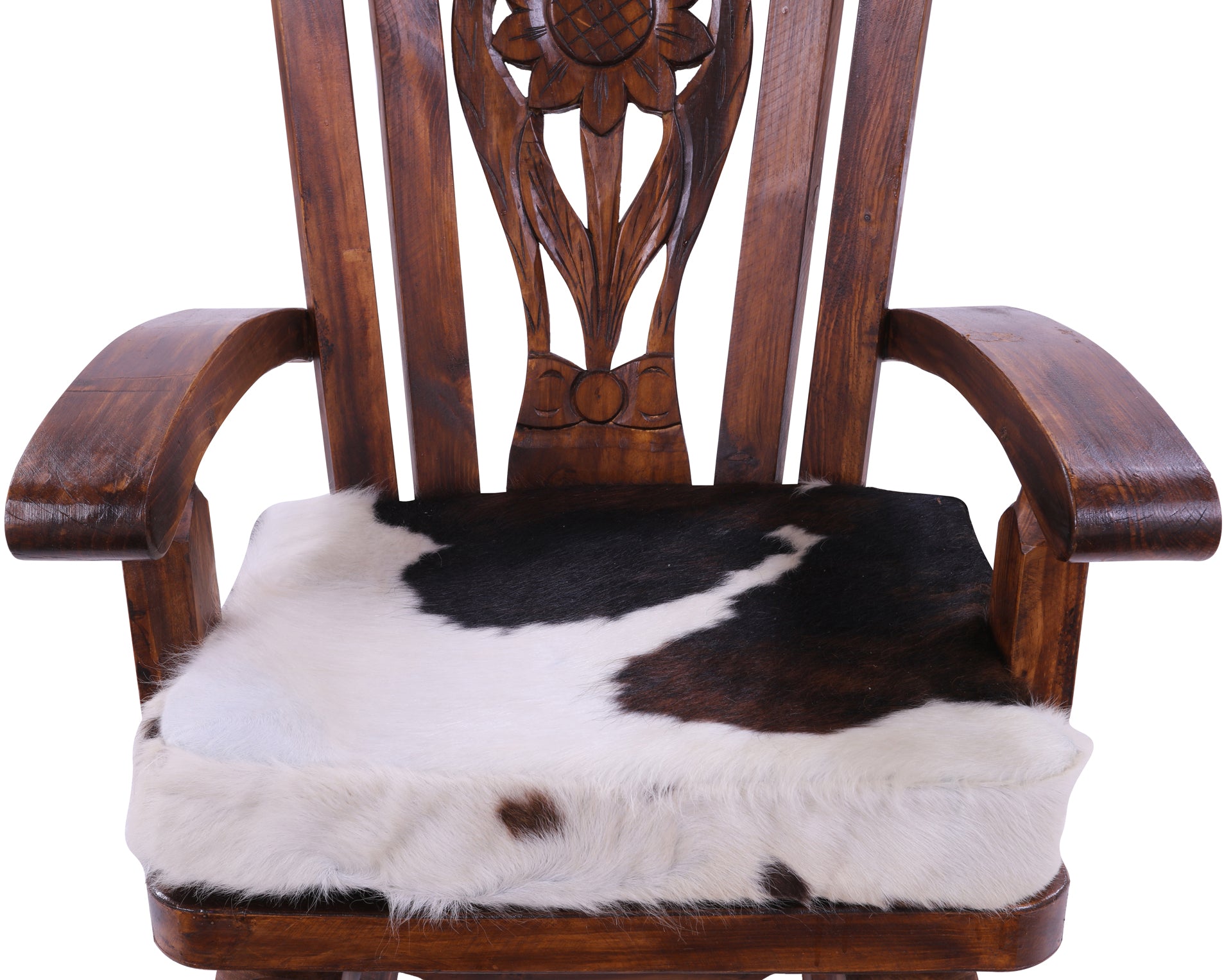 Wooden Rocking Chair Handcarved Back Sunflower Removable Hair-On Cowhide Pillow - Golden Nile