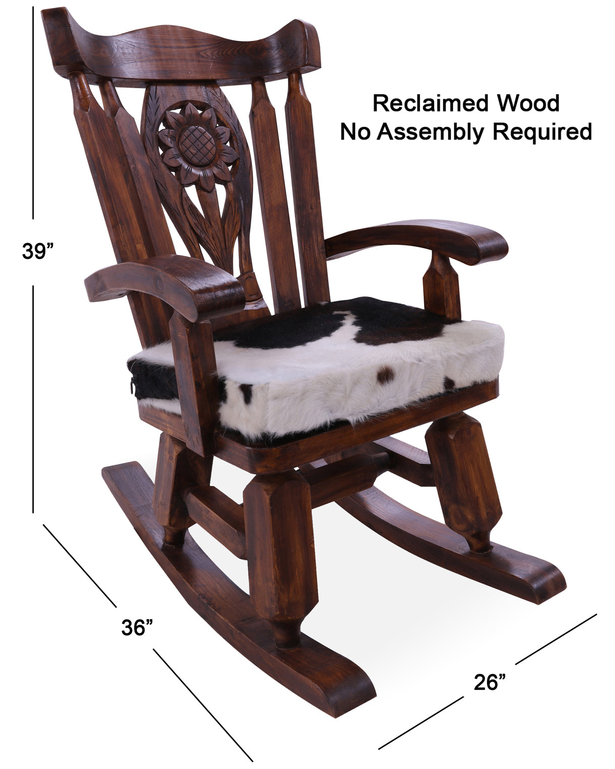 Wooden Rocking Chair Handcarved Back Sunflower Removable Hair-On Cowhide Pillow - Golden Nile