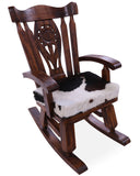 Wooden Rocking Chair Handcarved Back Sunflower Removable Hair-On Cowhide Pillow - Golden Nile