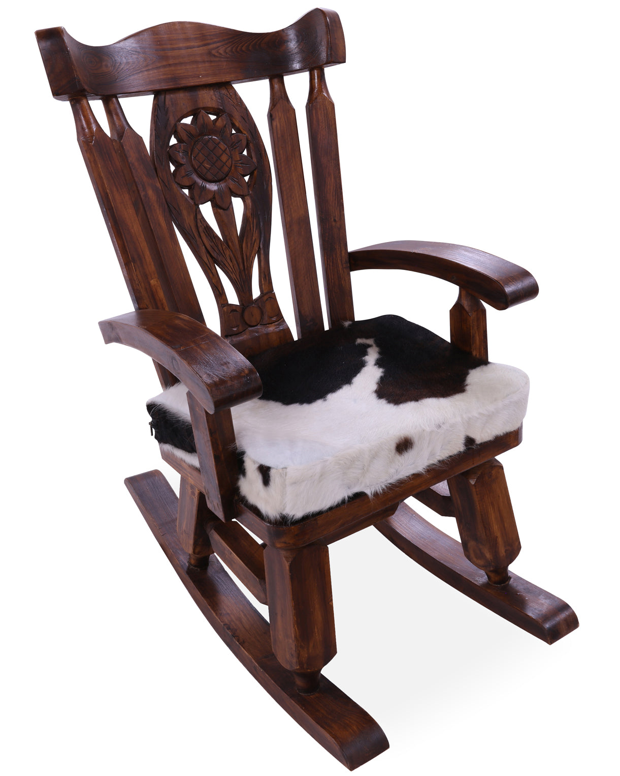 Wooden Rocking Chair Handcarved Back Sunflower Removable Hair-On Cowhide Pillow - Golden Nile