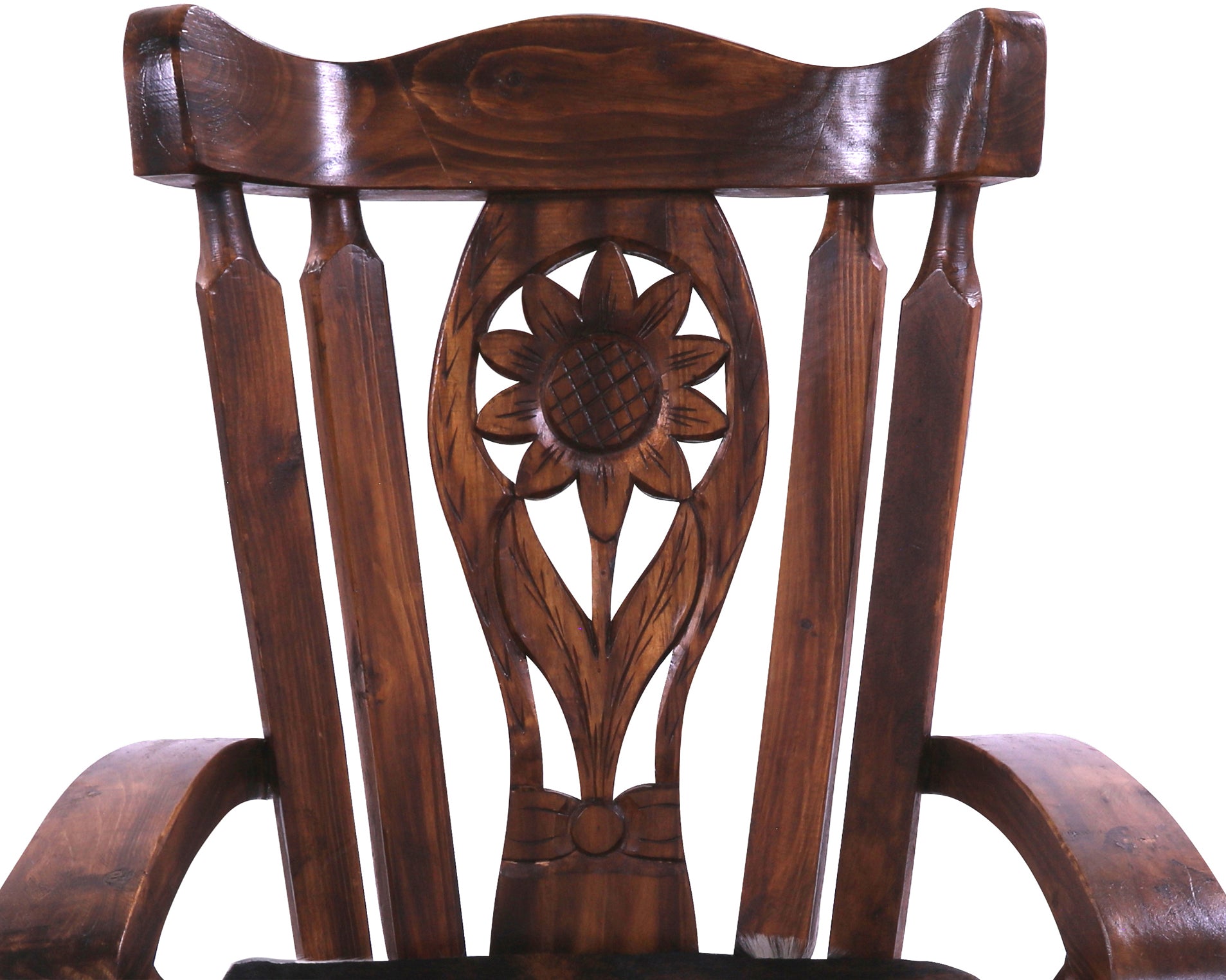 Wooden Rocking Chair Handcarved Back Sunflower Removable Hair-On Cowhide Pillow - Golden Nile