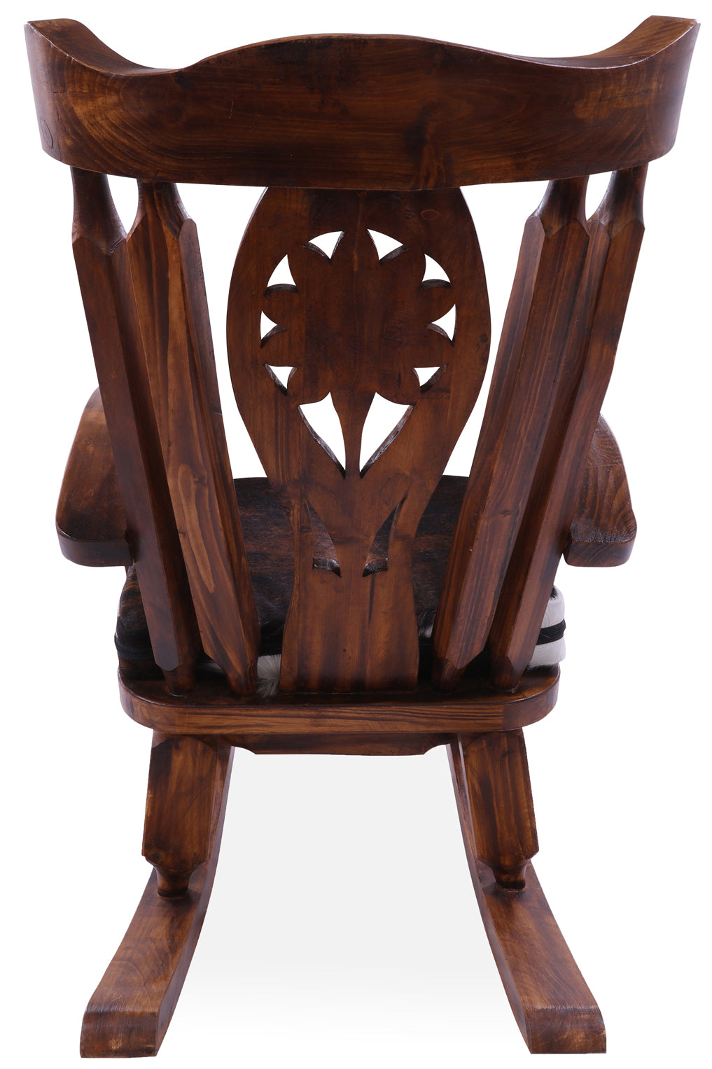 Wooden Rocking Chair Handcarved Back Sunflower Removable Hair-On Cowhide Pillow - Golden Nile