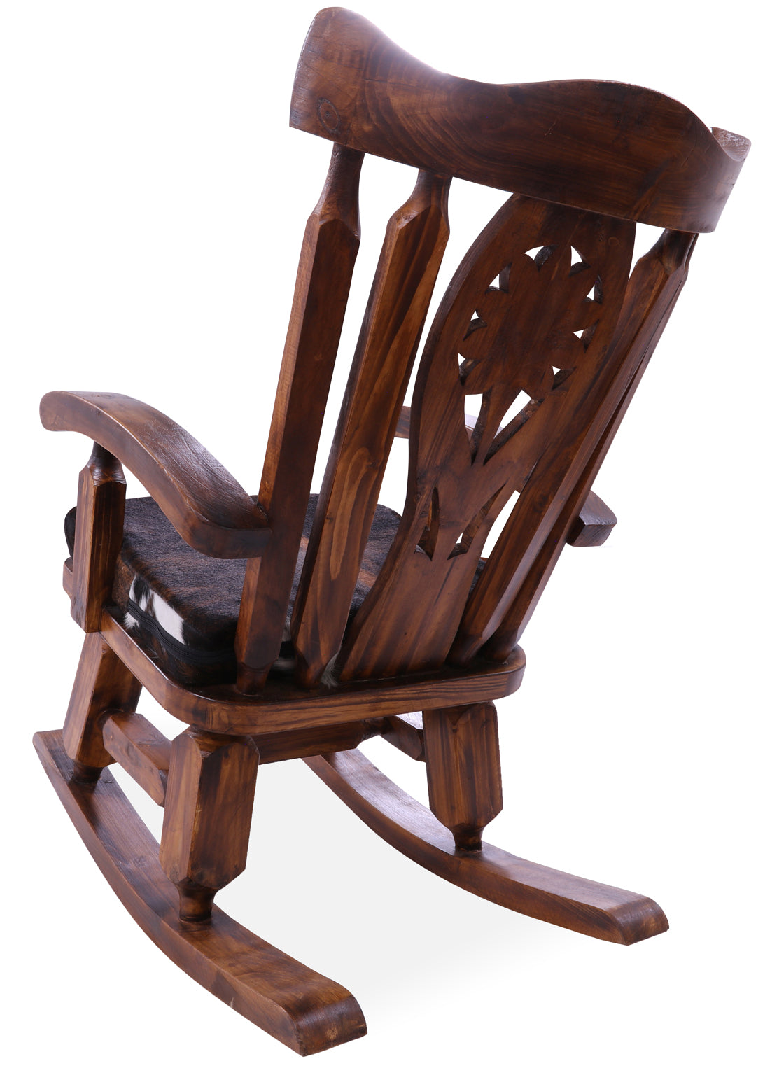 Wooden Rocking Chair Handcarved Back Sunflower Removable Hair-On Cowhide Pillow - Golden Nile