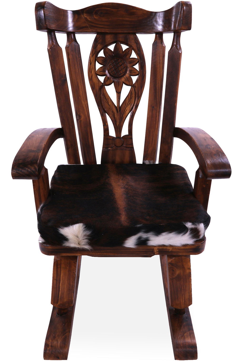 Wooden Rocking Chair Handcarved Back Sunflower Removable Hair-On Cowhide Pillow - Golden Nile