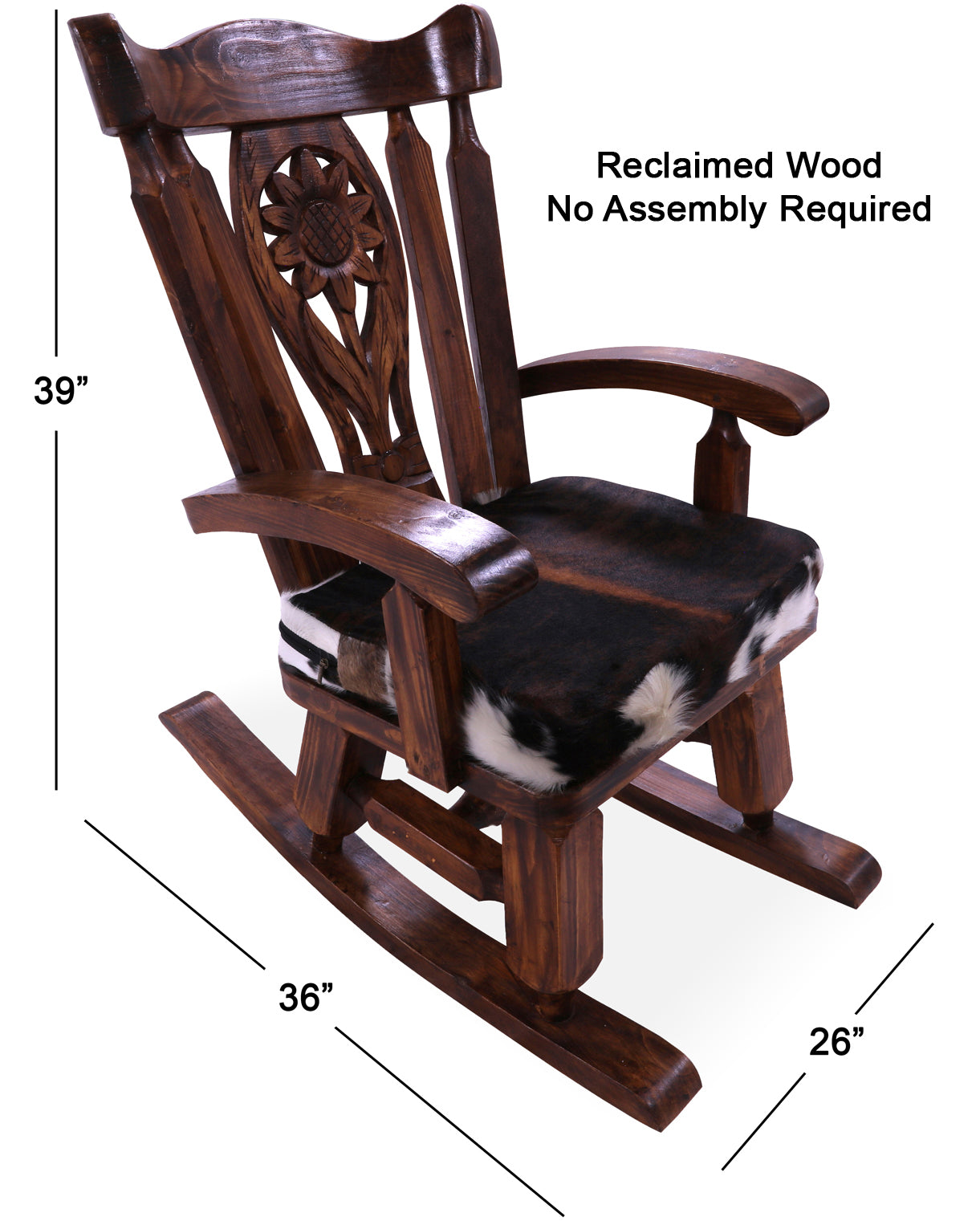 Wooden Rocking Chair Handcarved Back Sunflower Removable Hair-On Cowhide Pillow - Golden Nile