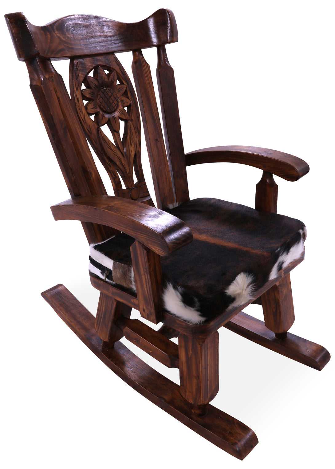Wooden Rocking Chair Handcarved Back Sunflower Removable Hair-On Cowhide Pillow - Golden Nile