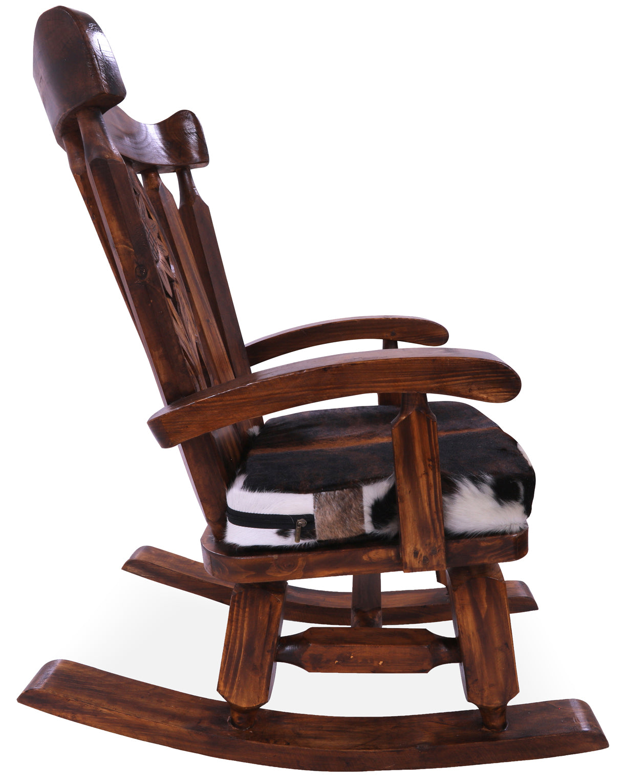 Wooden Rocking Chair Handcarved Back Sunflower Removable Hair-On Cowhide Pillow - Golden Nile