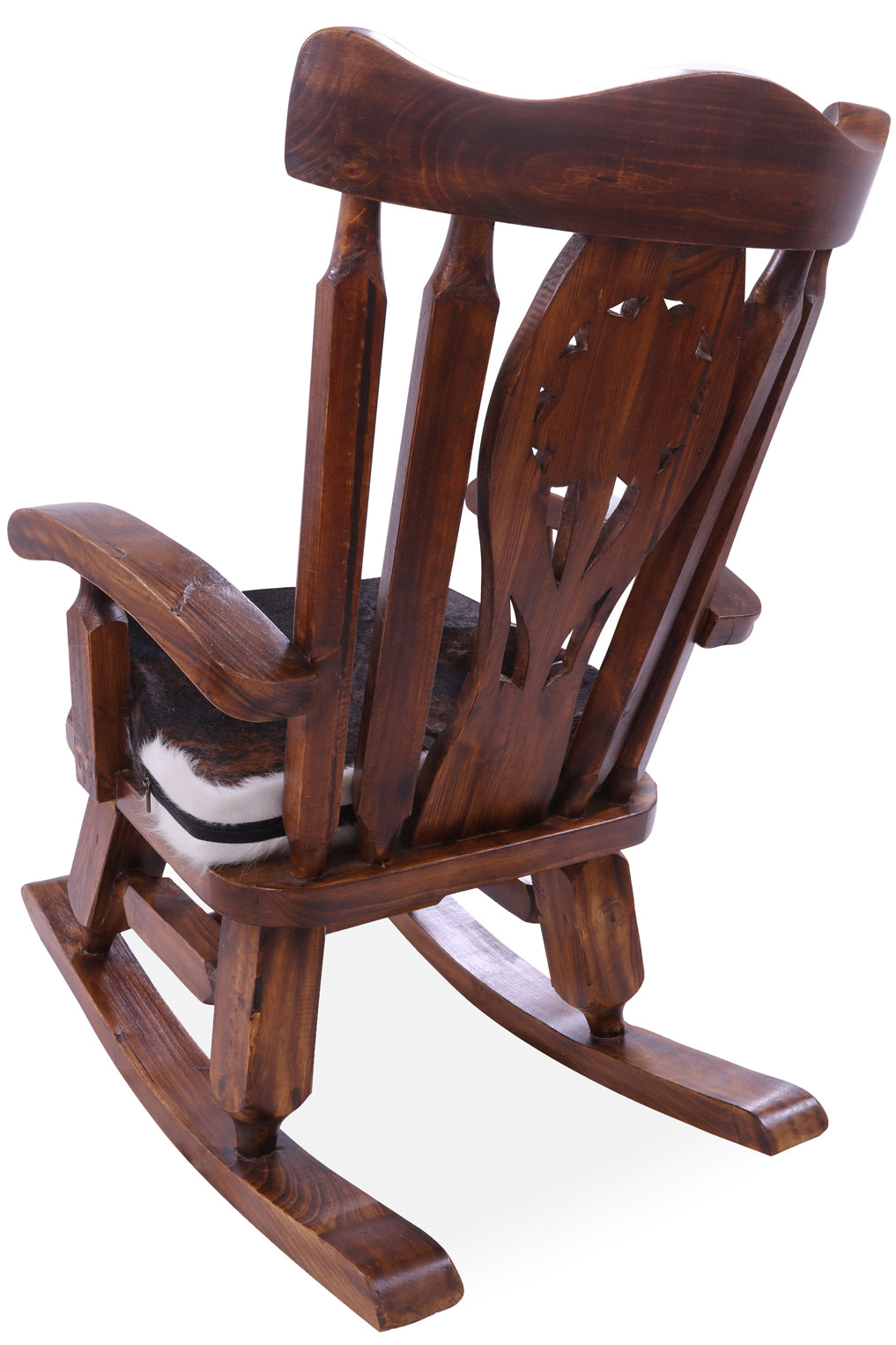 Wooden Rocking Chair Handcarved Back Sunflower Removable Hair-On Cowhide Pillow - Golden Nile