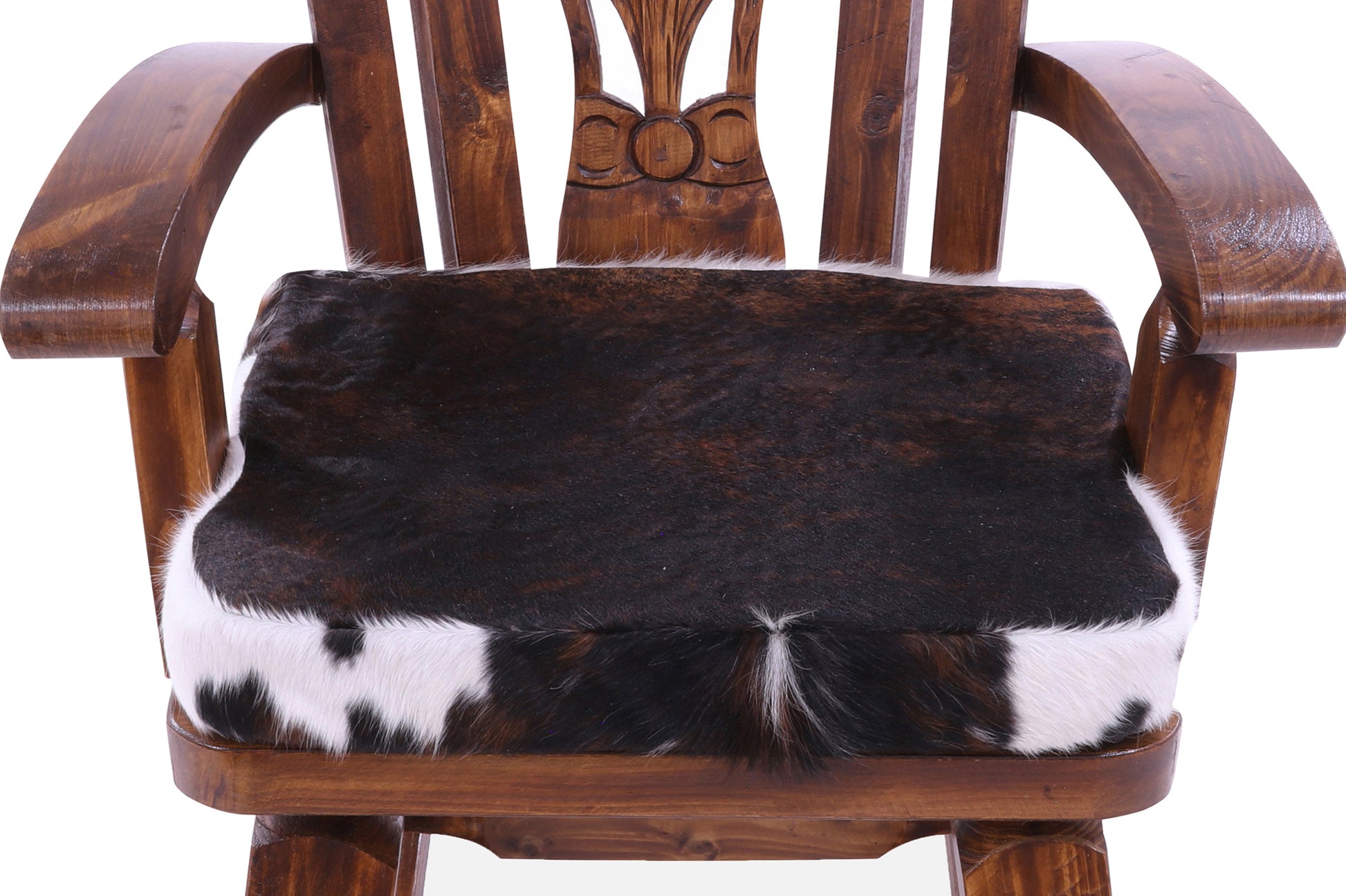 Wooden Rocking Chair Handcarved Back Sunflower Removable Hair-On Cowhide Pillow - Golden Nile