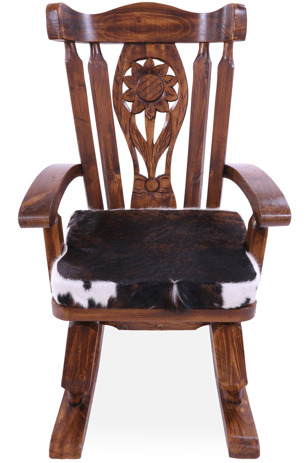 Wooden Rocking Chair Handcarved Back Sunflower Removable Hair-On Cowhide Pillow - Golden Nile