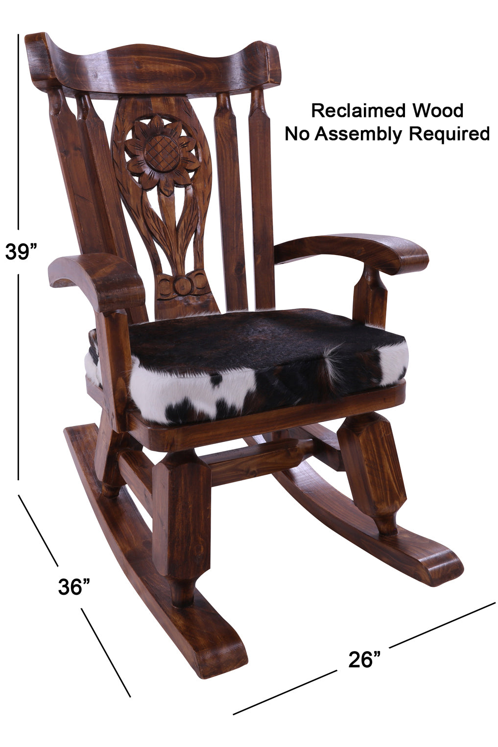 Wooden Rocking Chair Handcarved Back Sunflower Removable Hair-On Cowhide Pillow - Golden Nile