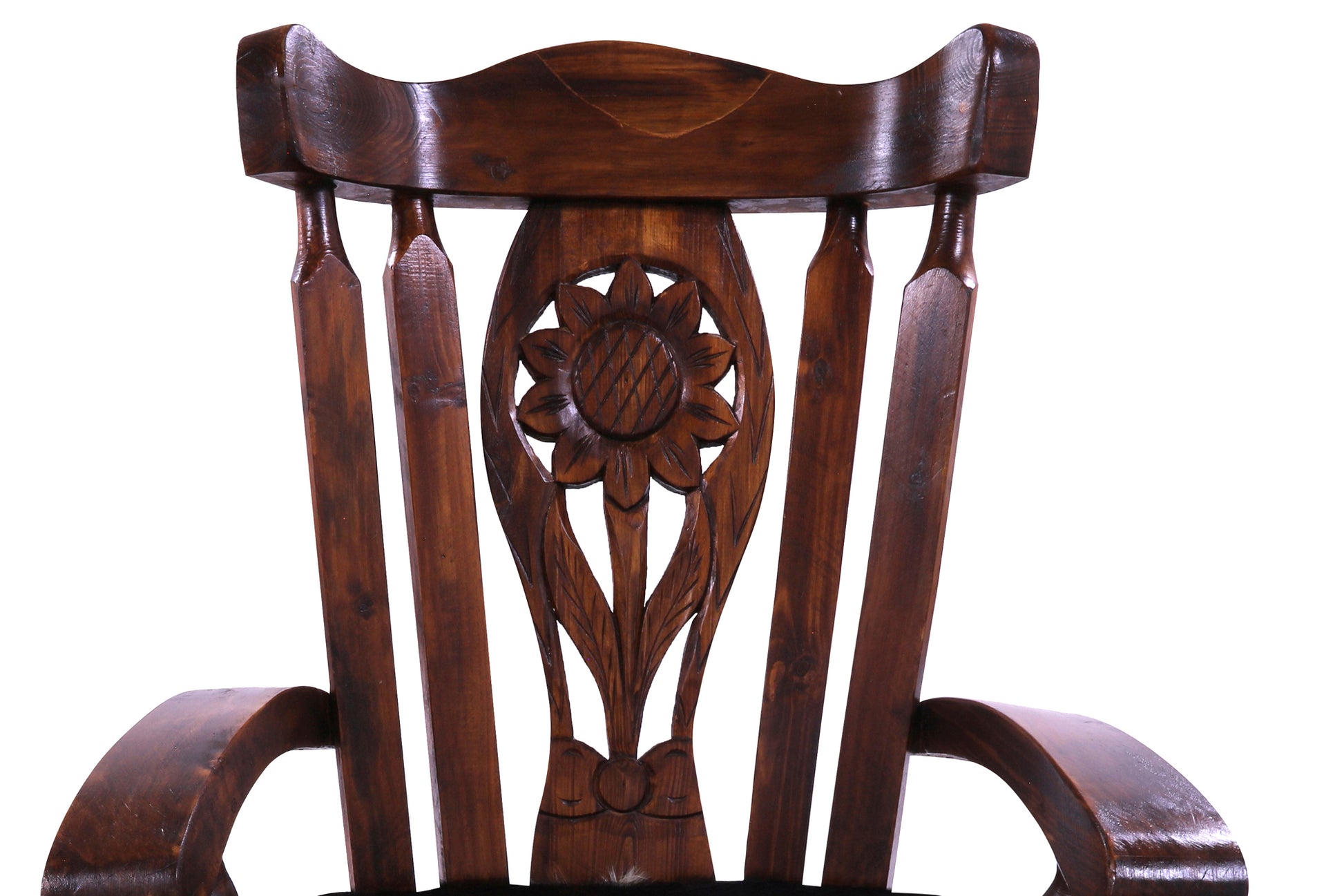 Wooden Rocking Chair Handcarved Back Sunflower Removable Hair-On Cowhide Pillow - Golden Nile