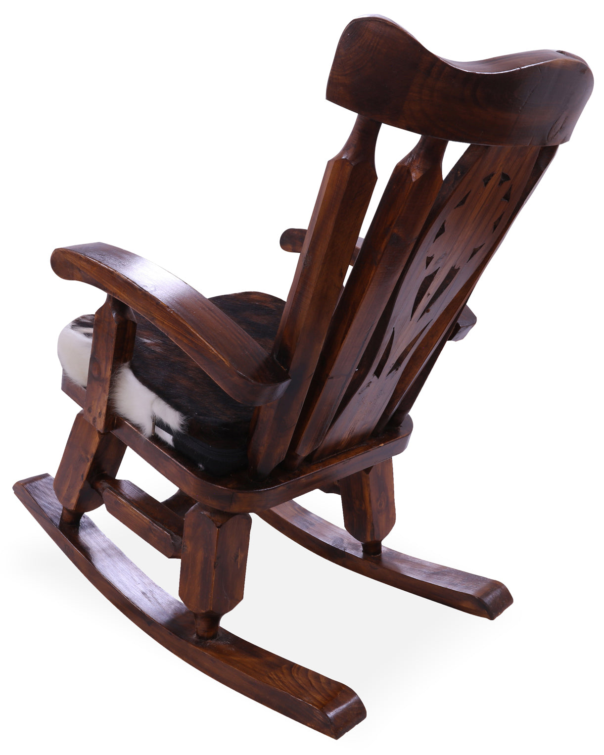 Wooden Rocking Chair Handcarved Back Sunflower Removable Hair-On Cowhide Pillow - Golden Nile