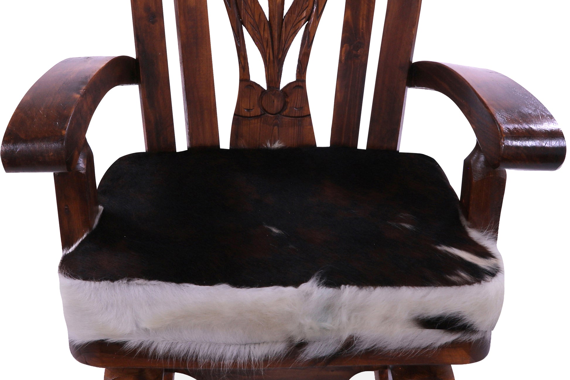 Wooden Rocking Chair Handcarved Back Sunflower Removable Hair-On Cowhide Pillow - Golden Nile