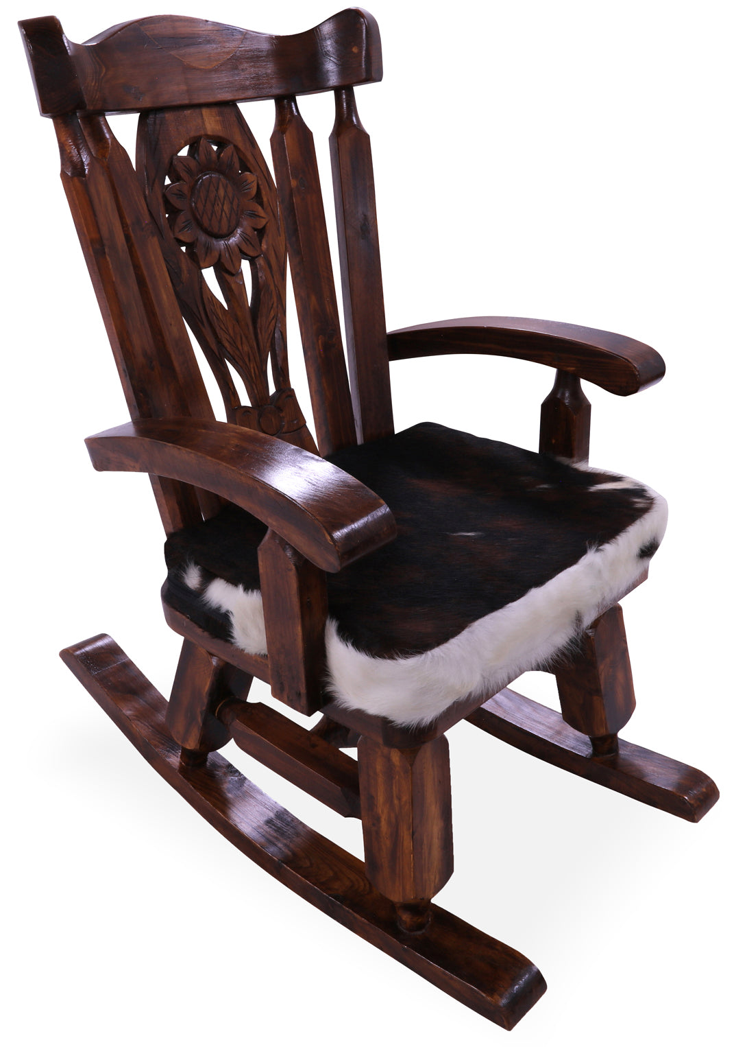 Wooden Rocking Chair Handcarved Back Sunflower Removable Hair-On Cowhide Pillow - Golden Nile