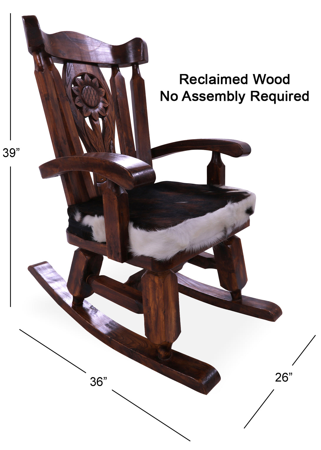 Wooden Rocking Chair Handcarved Back Sunflower Removable Hair-On Cowhide Pillow - Golden Nile