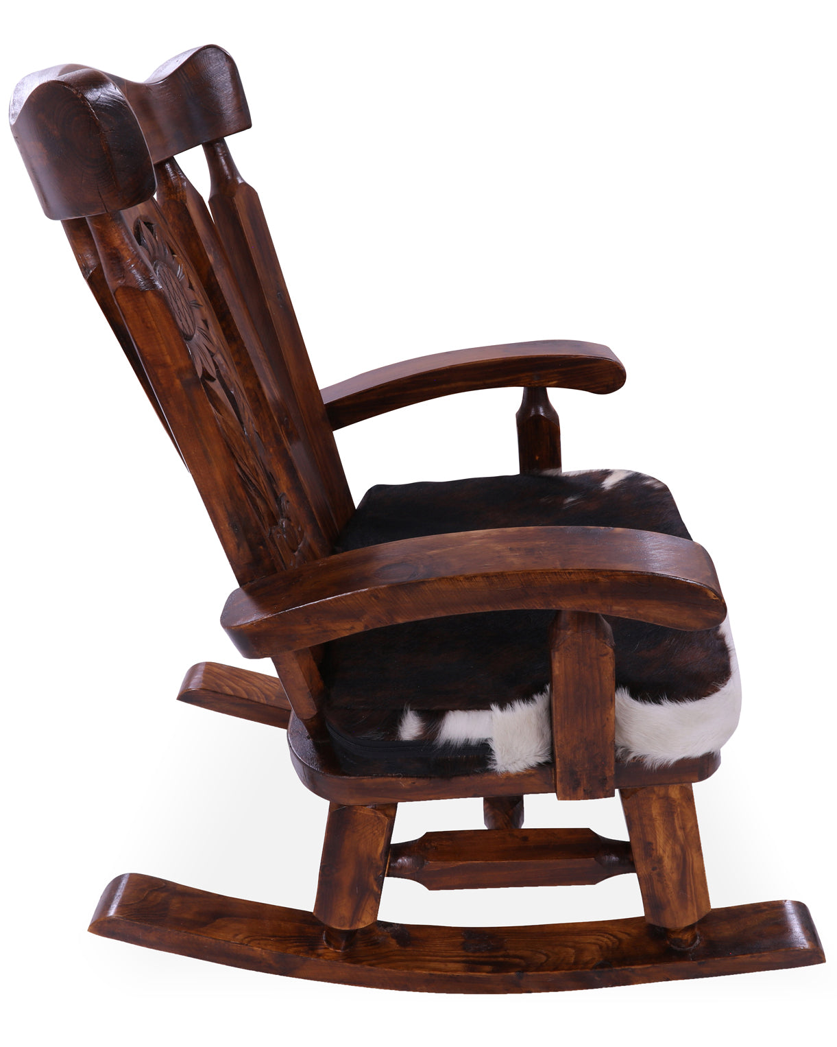 Wooden Rocking Chair Handcarved Back Sunflower Removable Hair-On Cowhide Pillow - Golden Nile