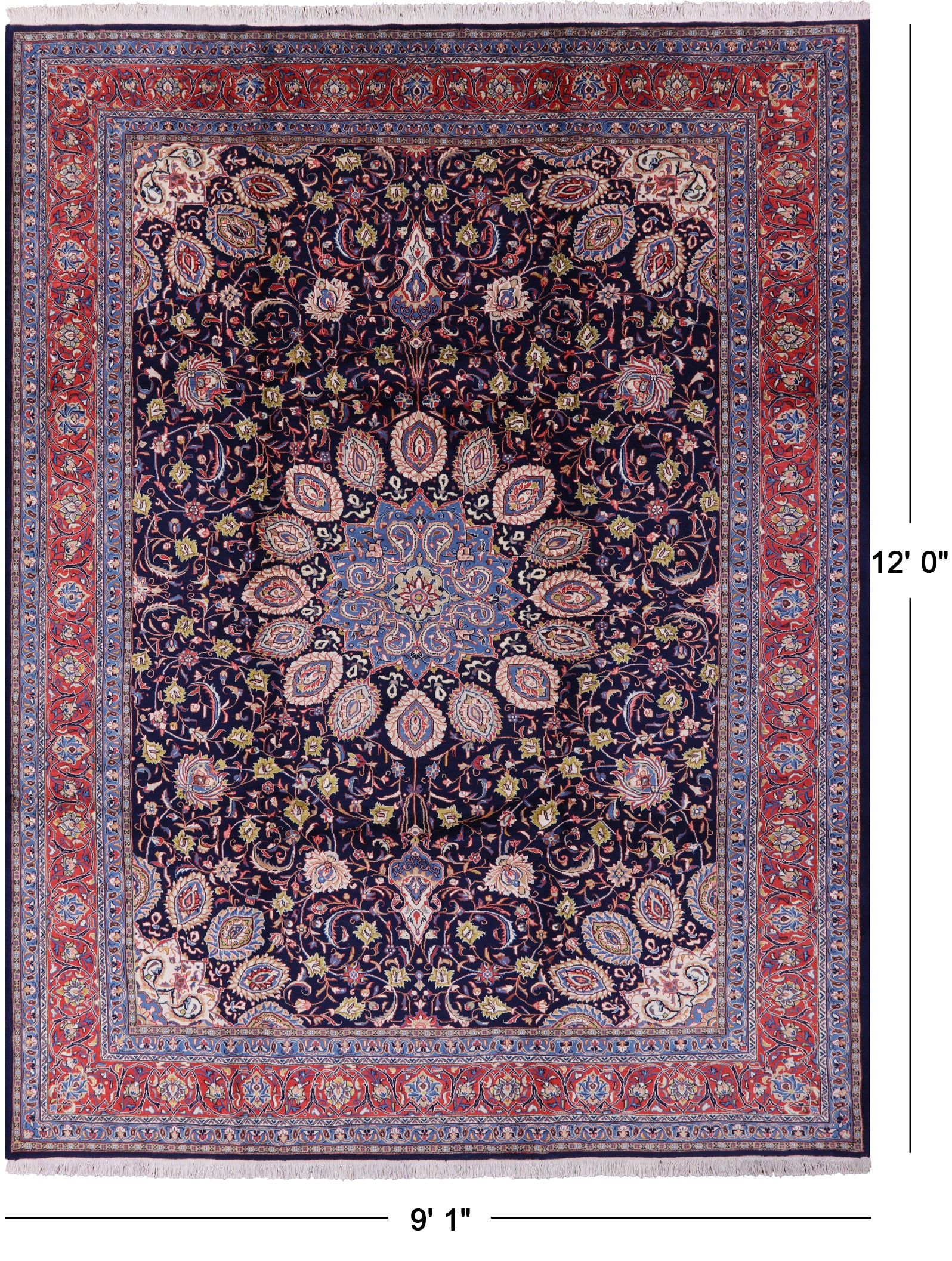 Blue New Authentic Persian Sarouk Hand Knotted Wool Rug - 9' 1" X 12' 0" - Golden Nile