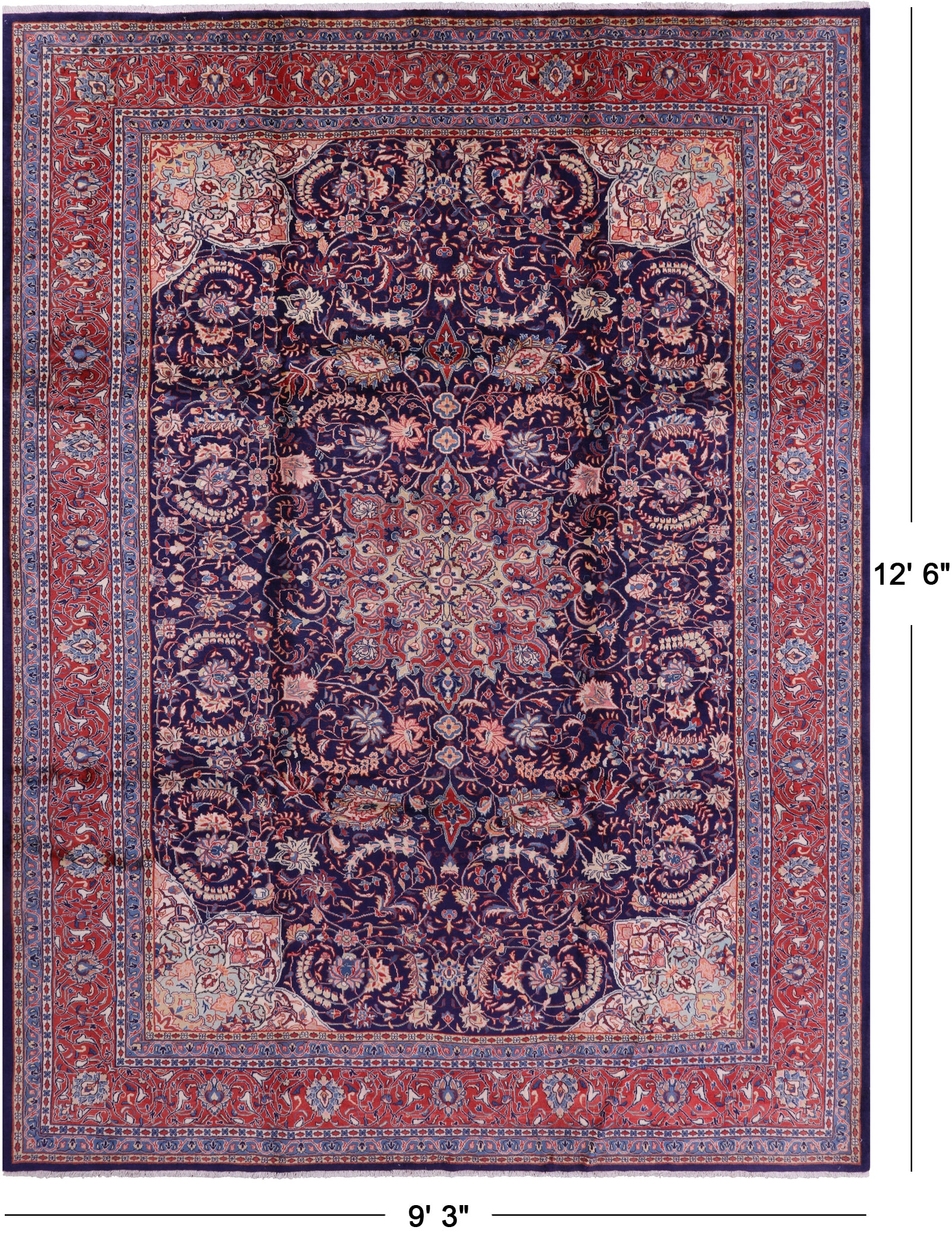Blue New Persian Sarouk Handmade Rug - 9' 3" X 12' 6" - Golden Nile
