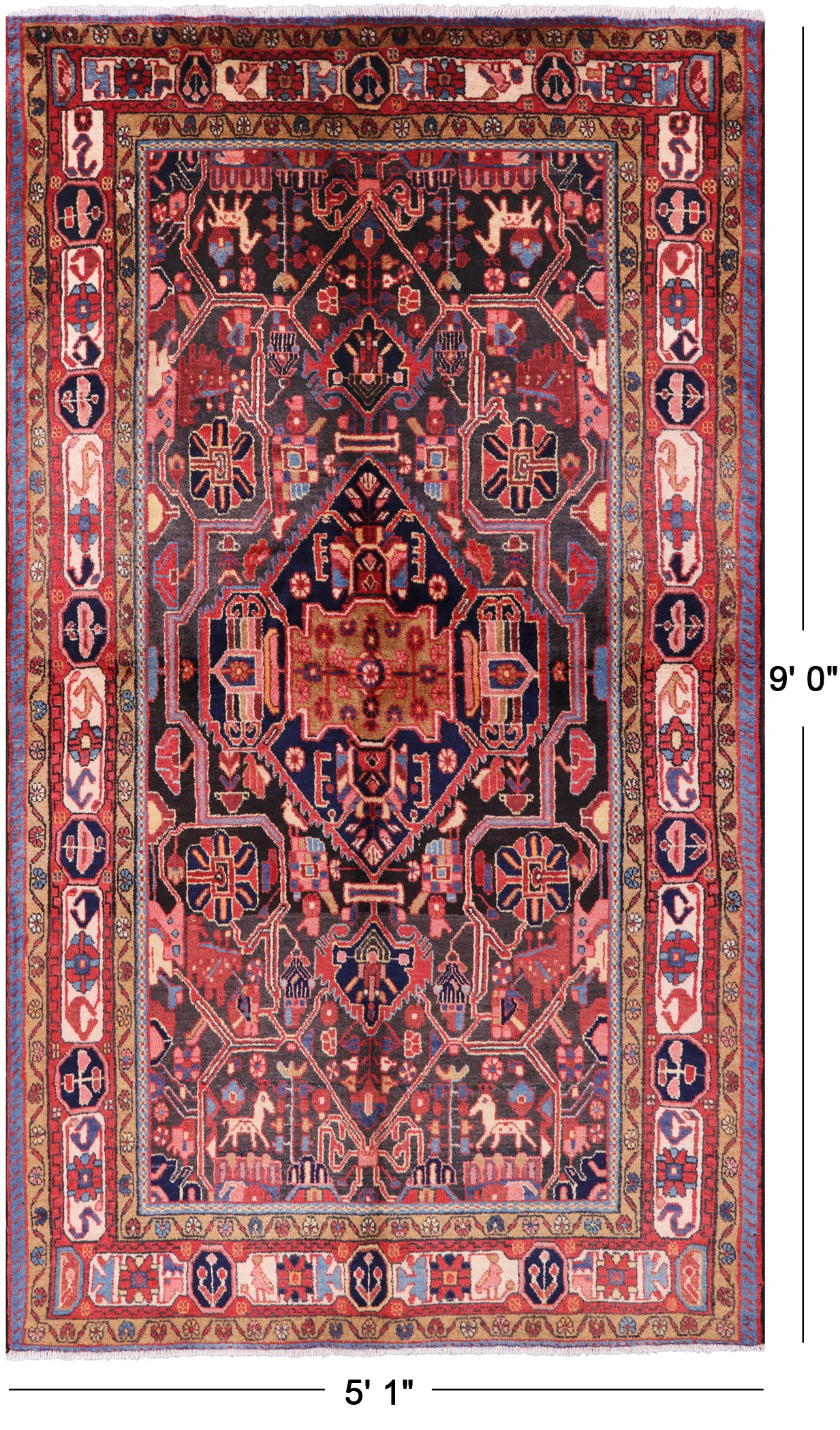 Black Authentic Persian Nahavand Handmade Area Rug - 5' 1" X 9' 0" - Golden Nile