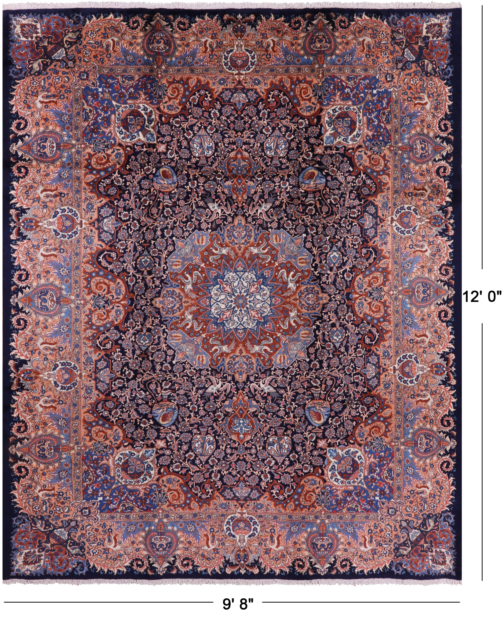 Blue New Persian Kashmar Hand Knotted Area Rug - 9' 8" X 12' 0" - Golden Nile