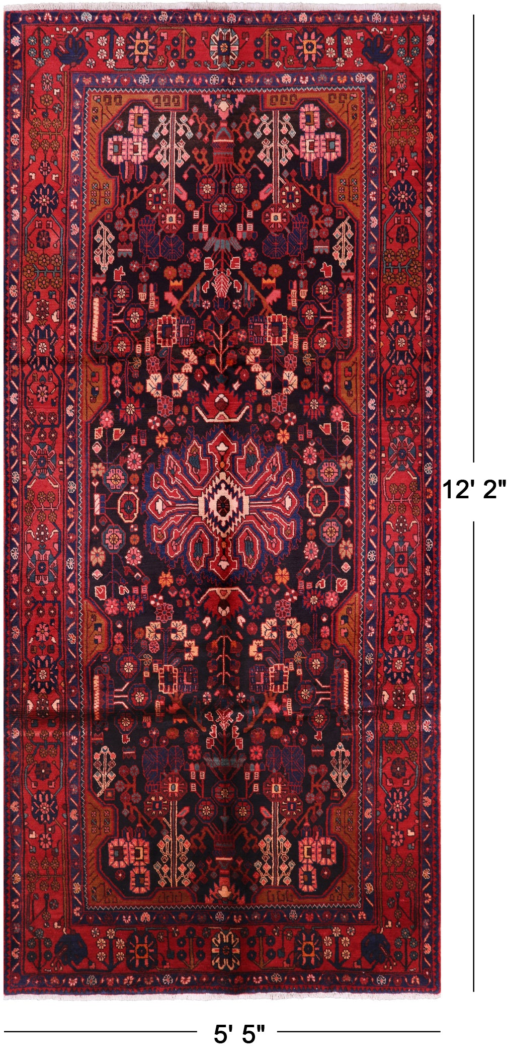 Black New Authentic Persian Nahavand Hand Knotted Rug - 5' 5" X 12' 2" - Golden Nile