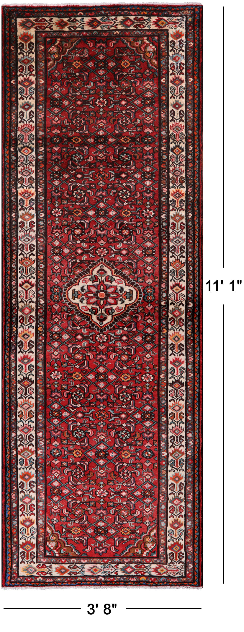 Red New Authentic Persian Hamadan Runner Rug - 3' 8" X 11' 1" - Golden Nile