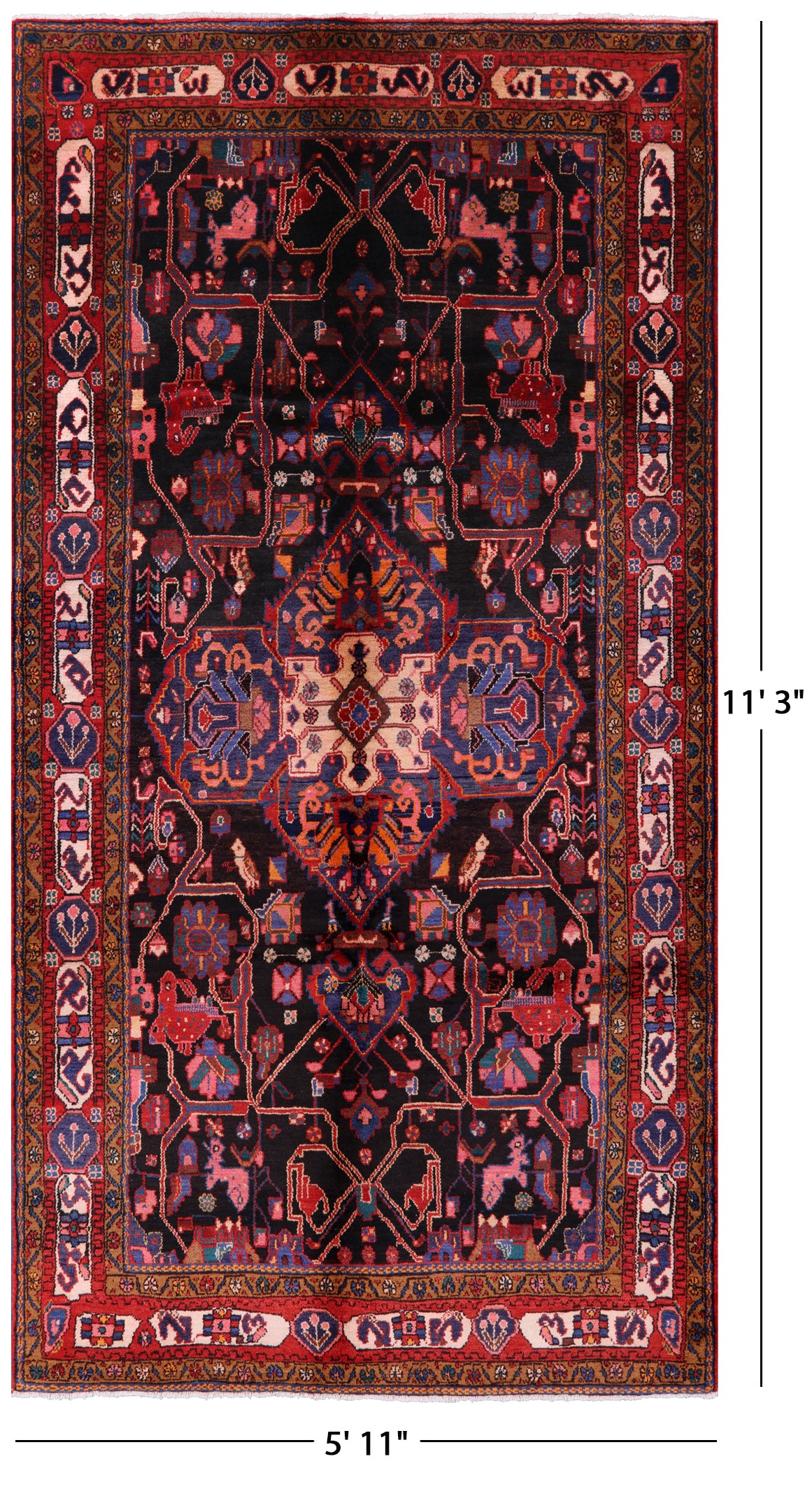 Black New Persian Nahavand Handmade Wool Rug - 5' 11" X 11' 3" - Golden Nile