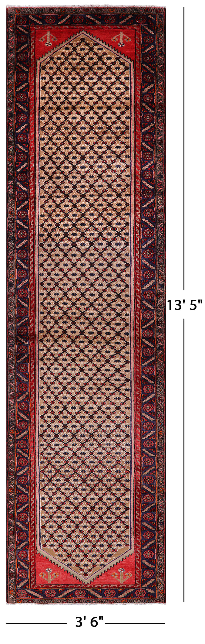 New Authentic Persian Hamadan Hand Knotted Runner Rug - 3' 6" X 13' 5" - Golden Nile