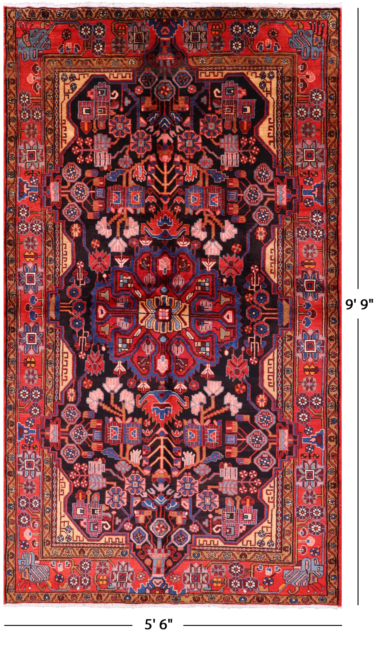 Black New Authentic Persian Nahavand Hand Knotted Rug - 5' 6" X 9' 9" - Golden Nile