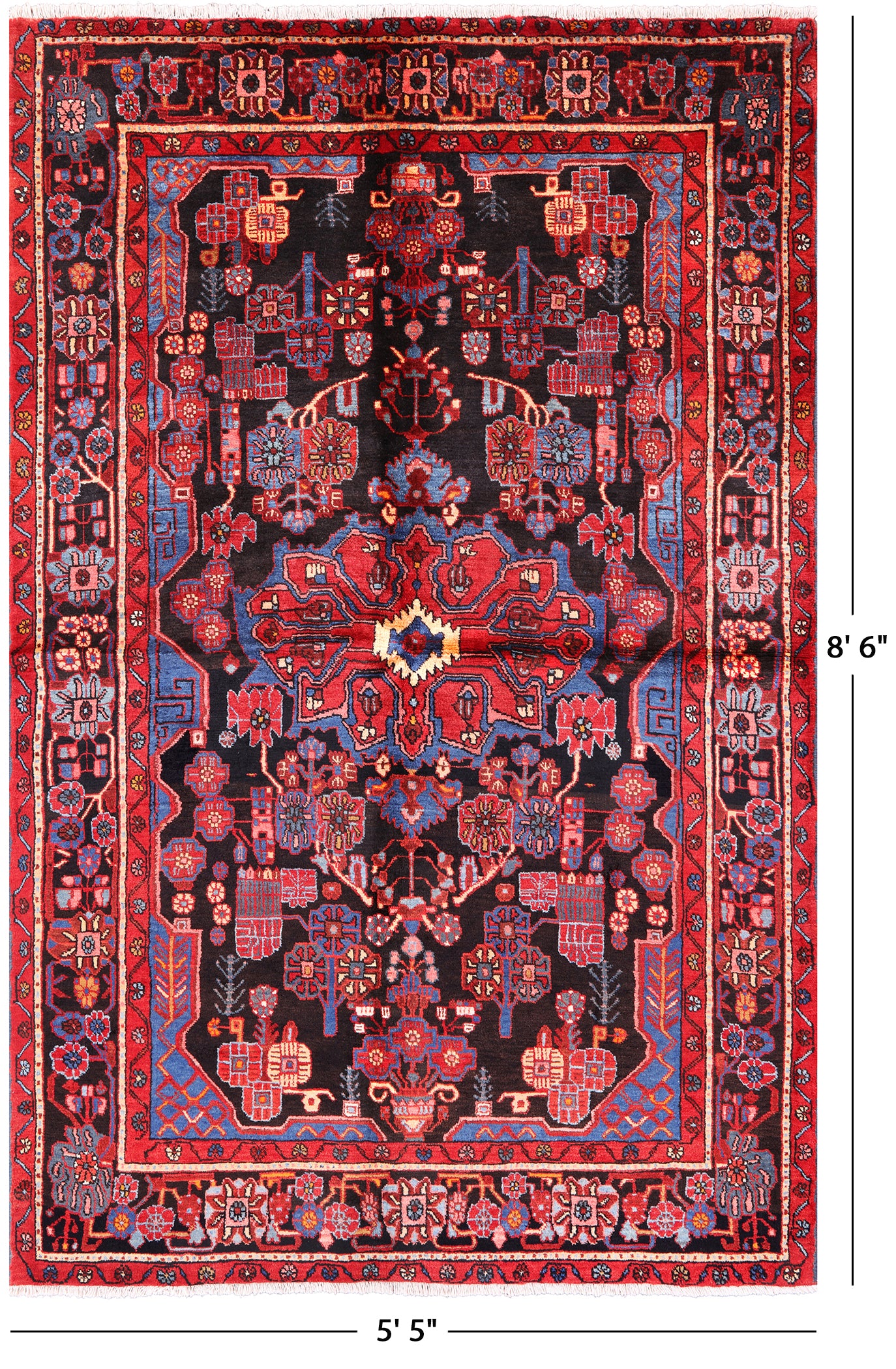 Black New Authentic Persian Nahavand Area Rug - 5' 5" X 8' 6" - Golden Nile