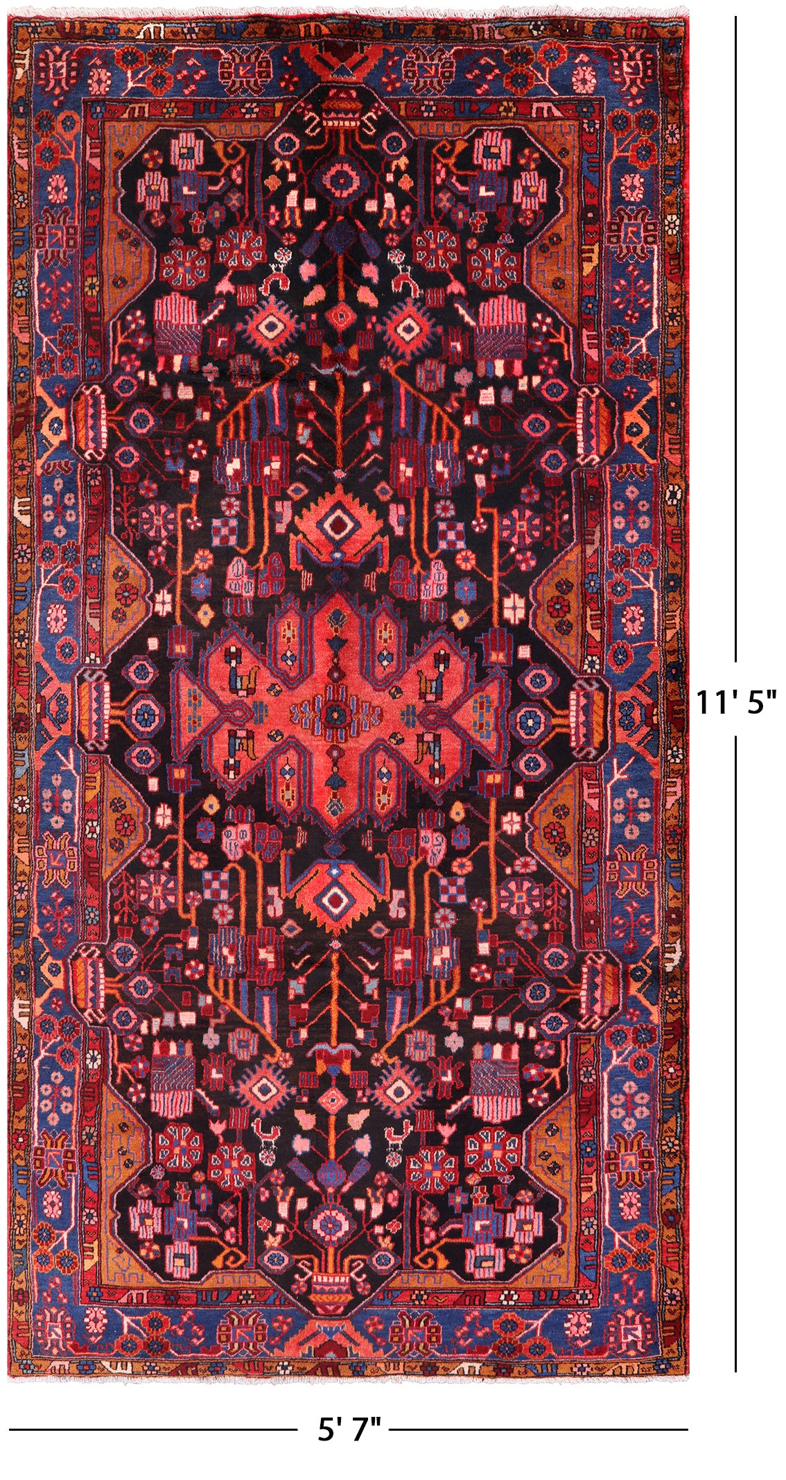 Black New Authentic Persian Nahavand Hand Knotted Rug - 5' 7" X 11' 5" - Golden Nile