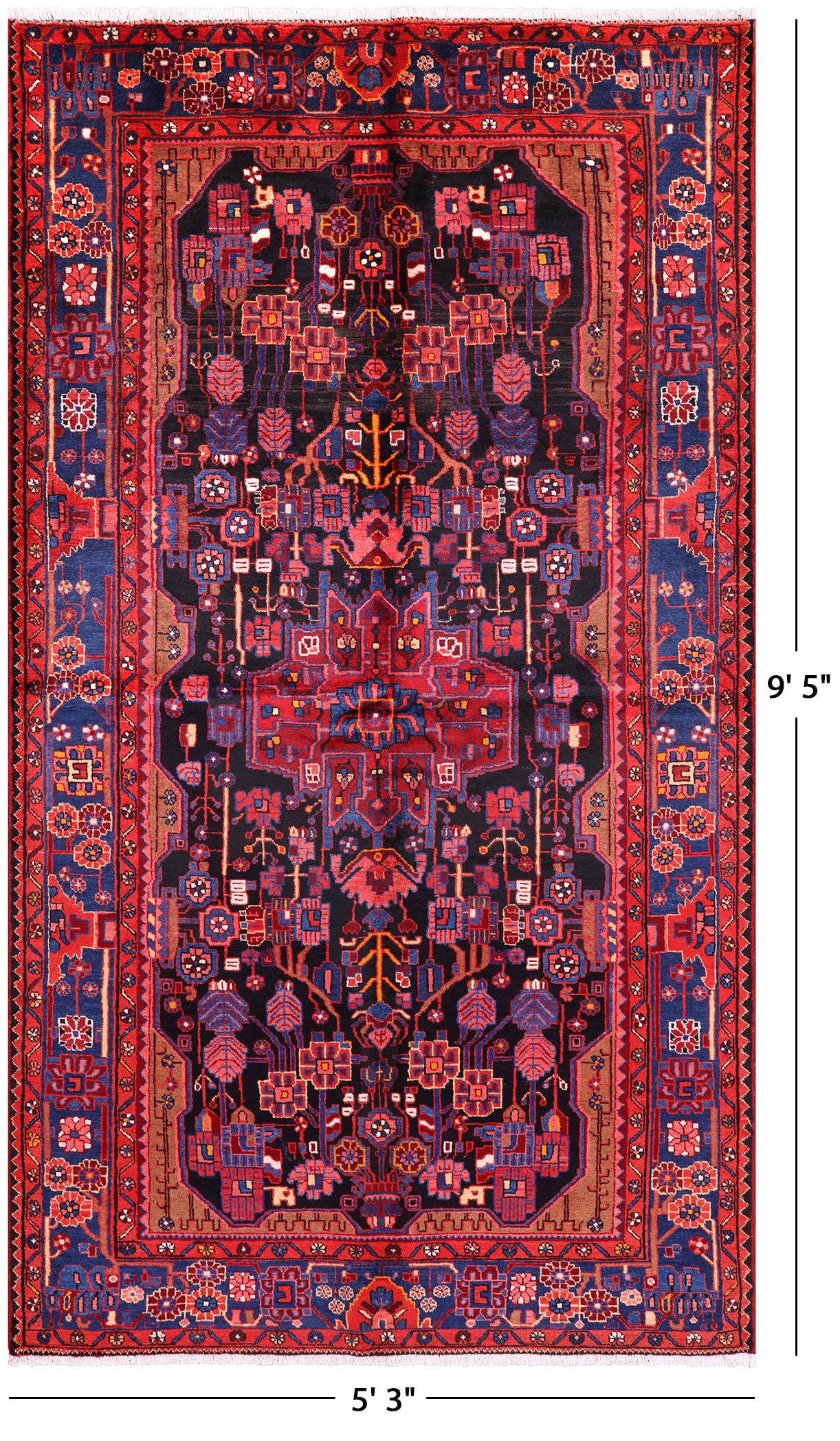 Black New Authentic Persian Nahavand Hand Knotted Rug - 5' 3" X 9' 5" - Golden Nile